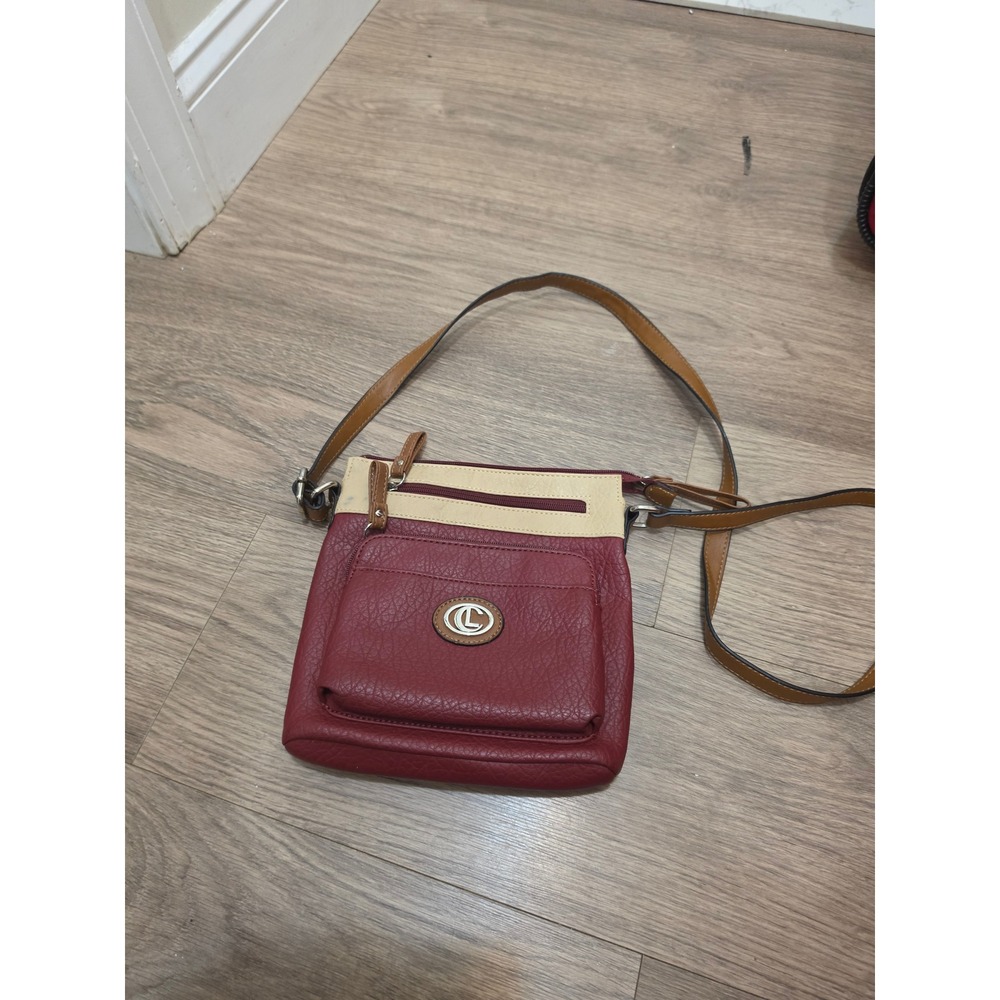 Liz Claiborne Crossbody Bag Burgundy Cream Colorblock Pebbled Faux Leather Small